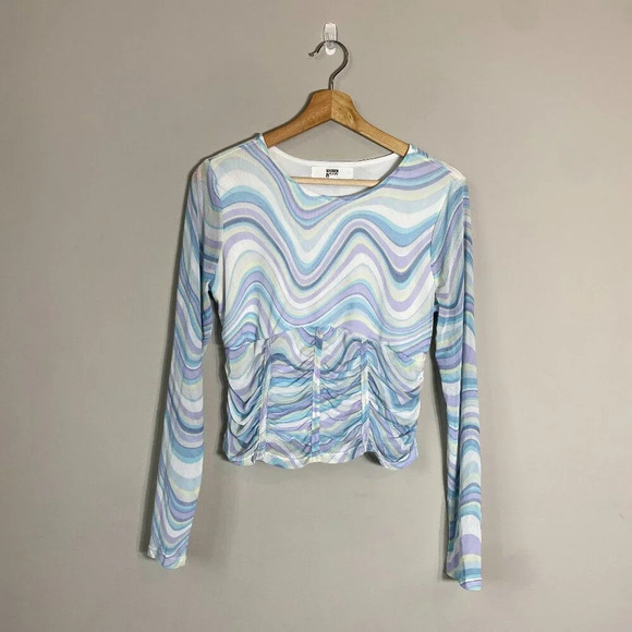 Madden NYC Y2K Wavy Corset Crop Top Women's Large Long Sleeve Mesh Stretch - Picture 3 of 14